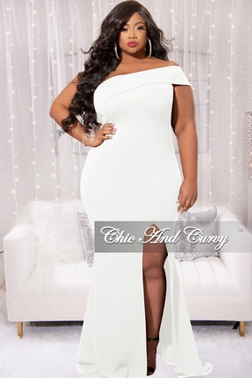 Adaptable Style Final Sale Plus Size Techno Crepe Off Shoulder, Front Slit , Mermaid Fit Gown in Off White