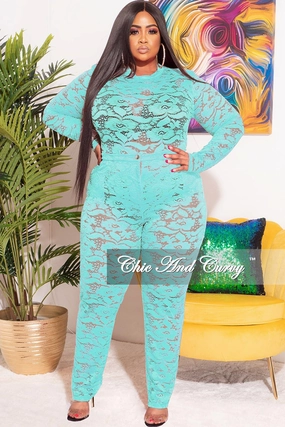 Final Sale Plus Size 2pc Lace Bodysuit & Pants in Aqua Cozy Stretch Fit