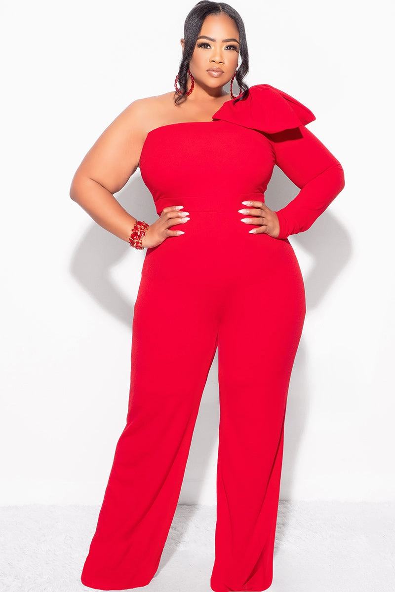 NonRestrictiveFit MultiPocketSystem Final Sale Plus Size One Shoulder Long Sleeve Jumpsuit with Bow in Red