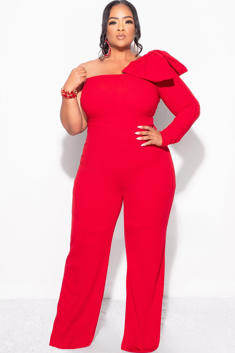 All-Purpose Comfort Final Sale Plus Size One Shoulder Long Sleeve Jumpsuit with Bow in Red