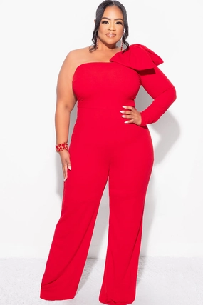 Bold Waistband Final Sale Plus Size One Shoulder Long Sleeve Jumpsuit with Bow in Red