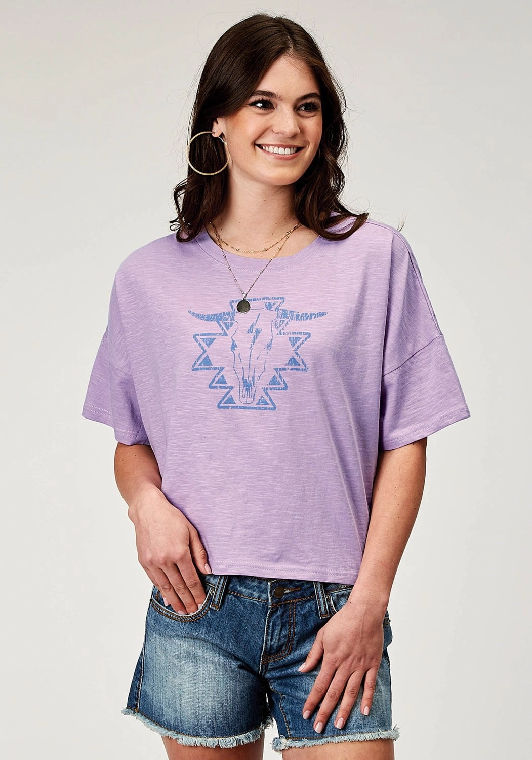 Roper Womens Southwest Longhorn Lilac 100% Cotton S/S T-Shirt Modern Fit