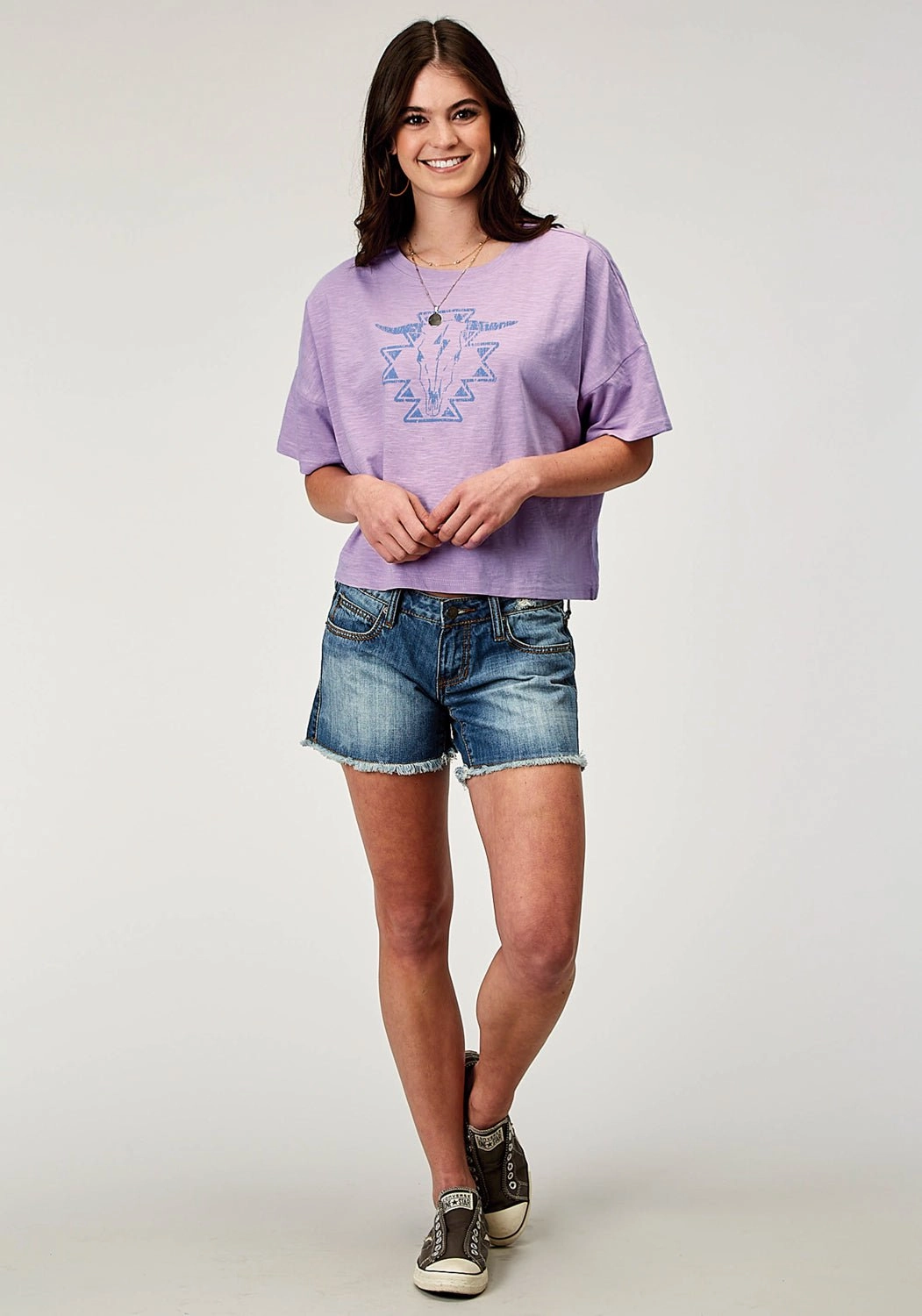 Roper Womens Southwest Longhorn Lilac 100% Cotton S/S T-Shirt Micro Perforated Texture Oversized Fit