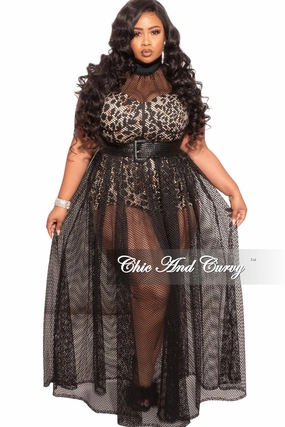 Fashionable Waist Final Sale Plus Size 2pc Black Net Dress with Animal Print Romper