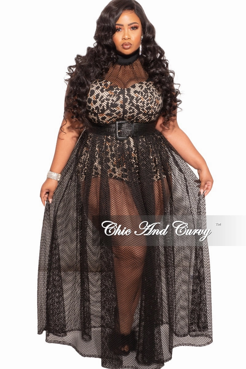 Fashionable Waist Final Sale Plus Size 2pc Black Net Dress with Animal Print Romper