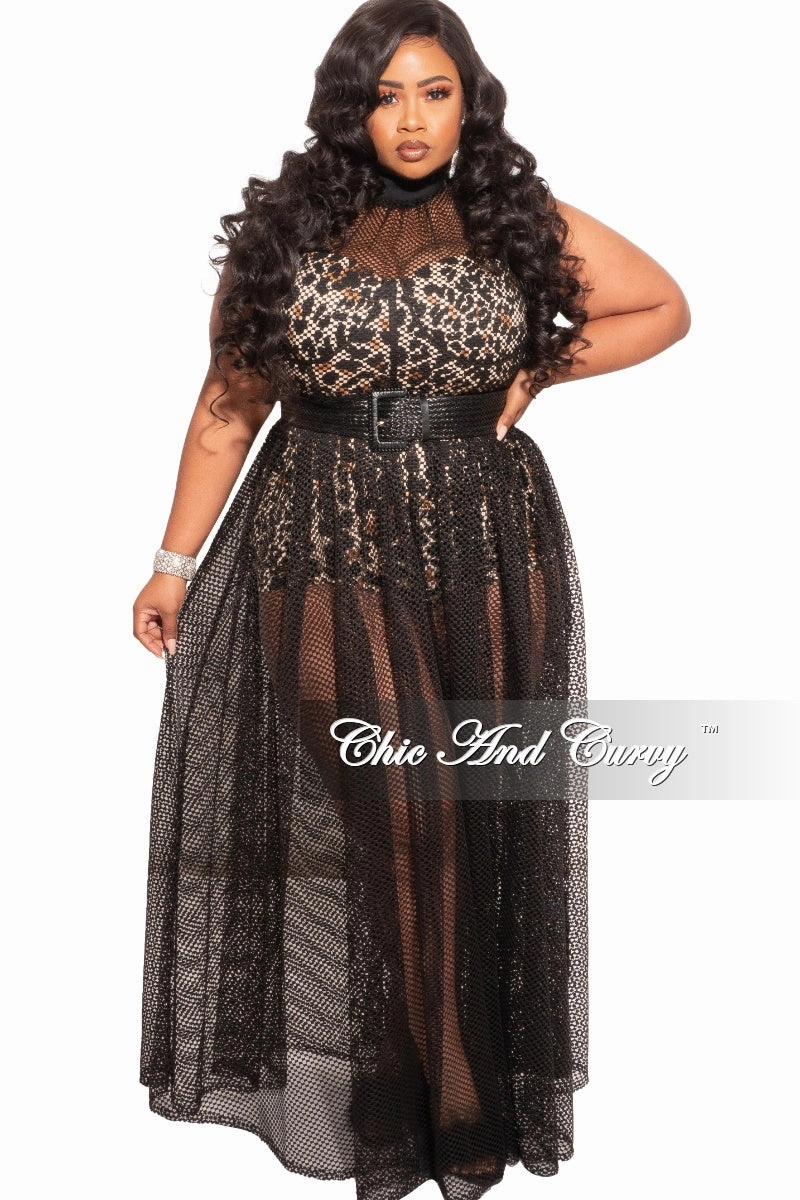 Final Sale Plus Size 2pc Black Net Dress with Animal Print Romper Quick Layering Stretch Motion