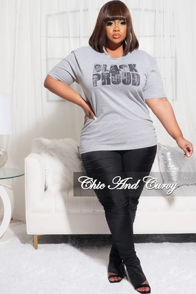 High Waist Comfort Control Final Sale Plus Size Crew Neck Short Sleeve Black & Proud T-Shirt in Heather Grey