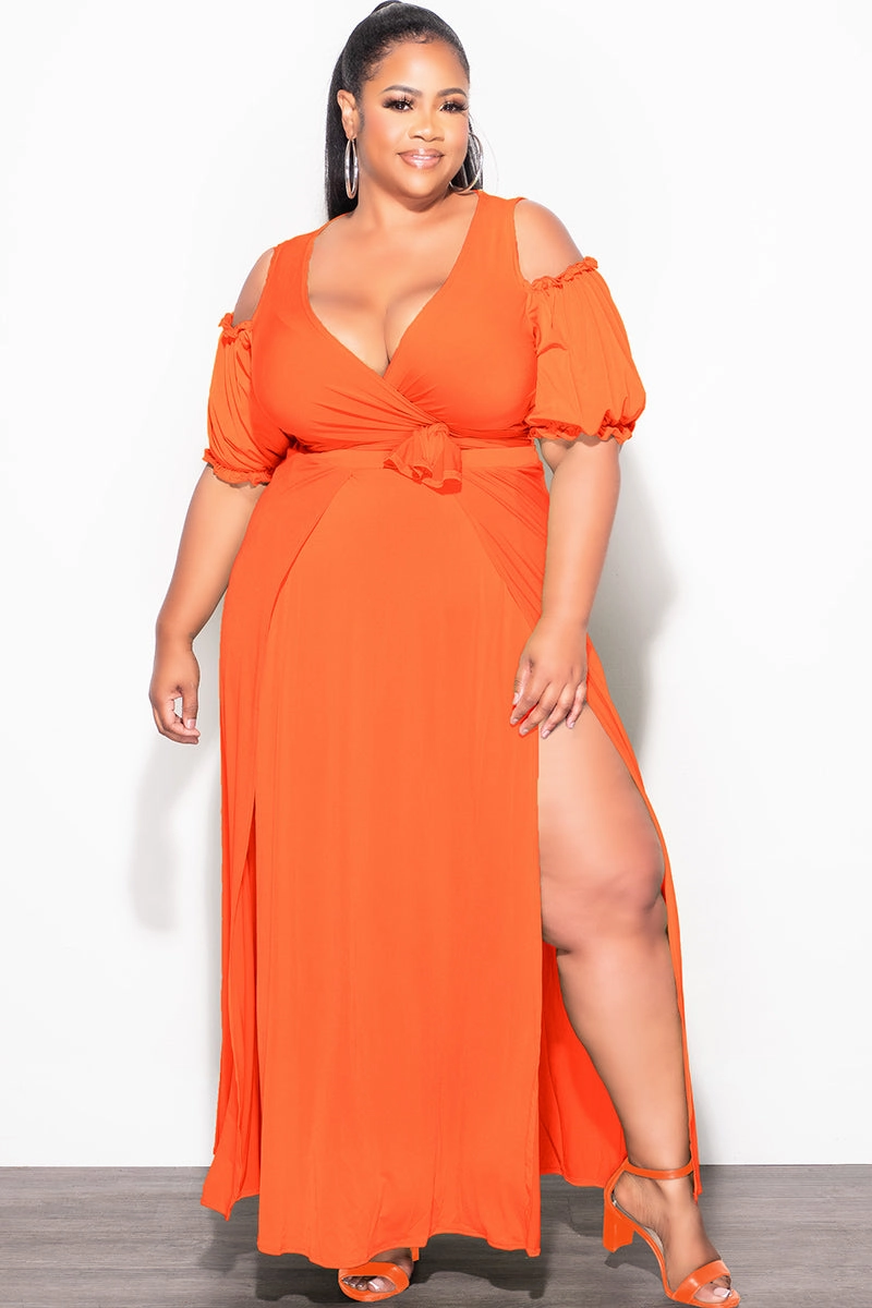Wind Resistance Sporty Layer Final Sale Plus Size 2pc Faux Wrap Crop Tie Top and Double Slit Skirt Set in Neon Orange