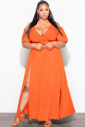 Final Sale Plus Size 2pc Faux Wrap Crop Tie Top and Double Slit Skirt Set in Neon Orange Seamless Design Active Layers