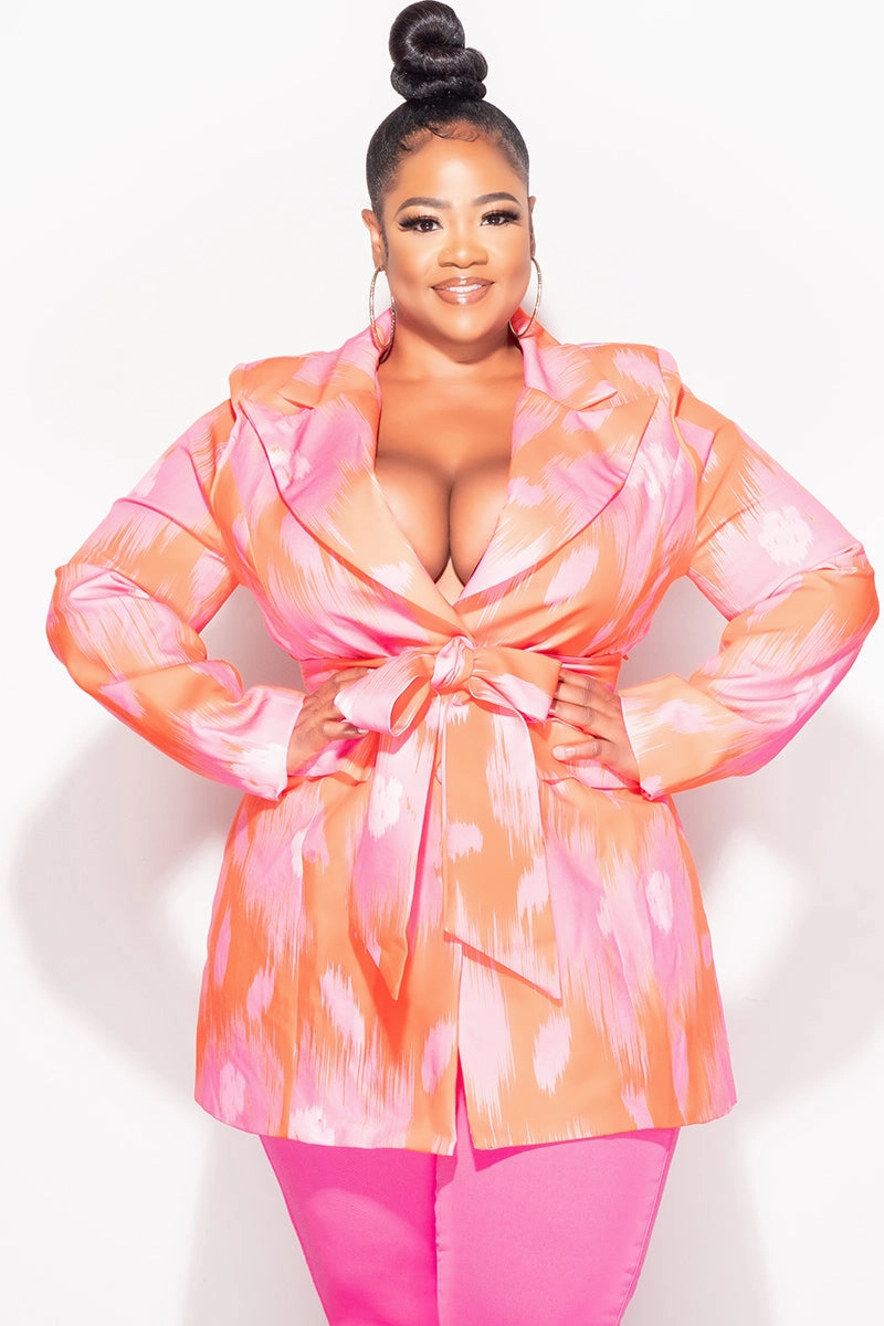 Chic Design Wear Belt loops Final Sale Plus Size Blazer in Neon Pink and Orange Design Print
