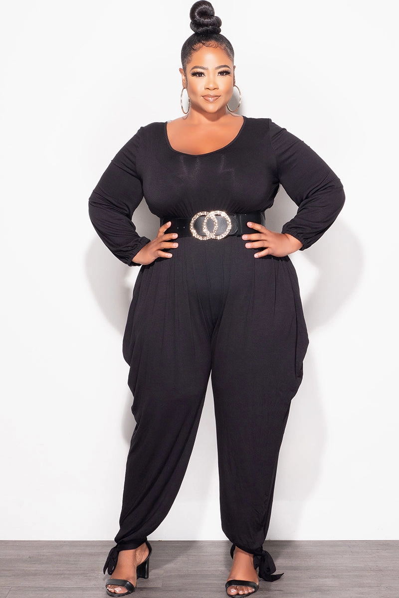 Final Sale Plus Size Harem Jumpsuit with Ankle Ties in Black Comfortable Wear