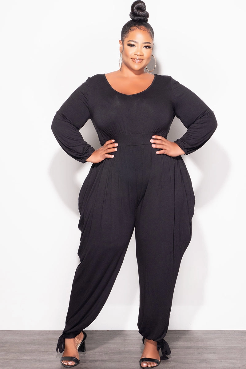 Final Sale Plus Size Harem Jumpsuit with Ankle Ties in Black WrinkleFreeFabric
