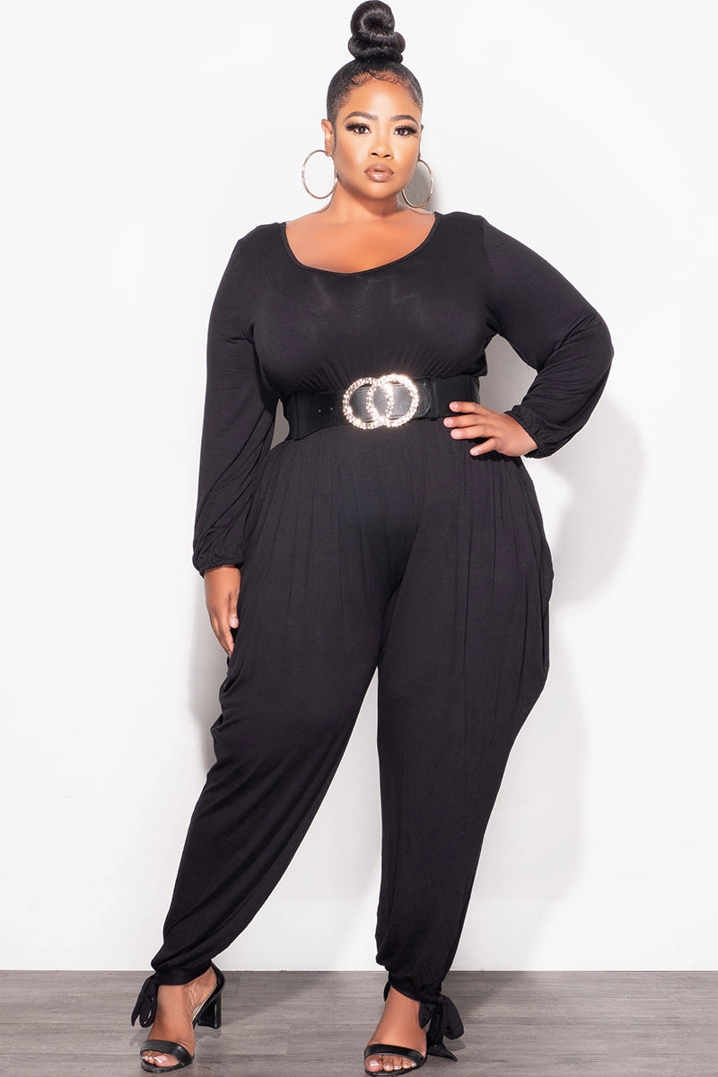 Comfy Feel Lightweight Fit Final Sale Plus Size Harem Jumpsuit with Ankle Ties in Black