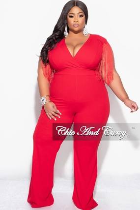 Hidden pockets Thermal Regulating Final Sale Plus Size Fringe Shoulder Faux Wrap Jumpsuit Red