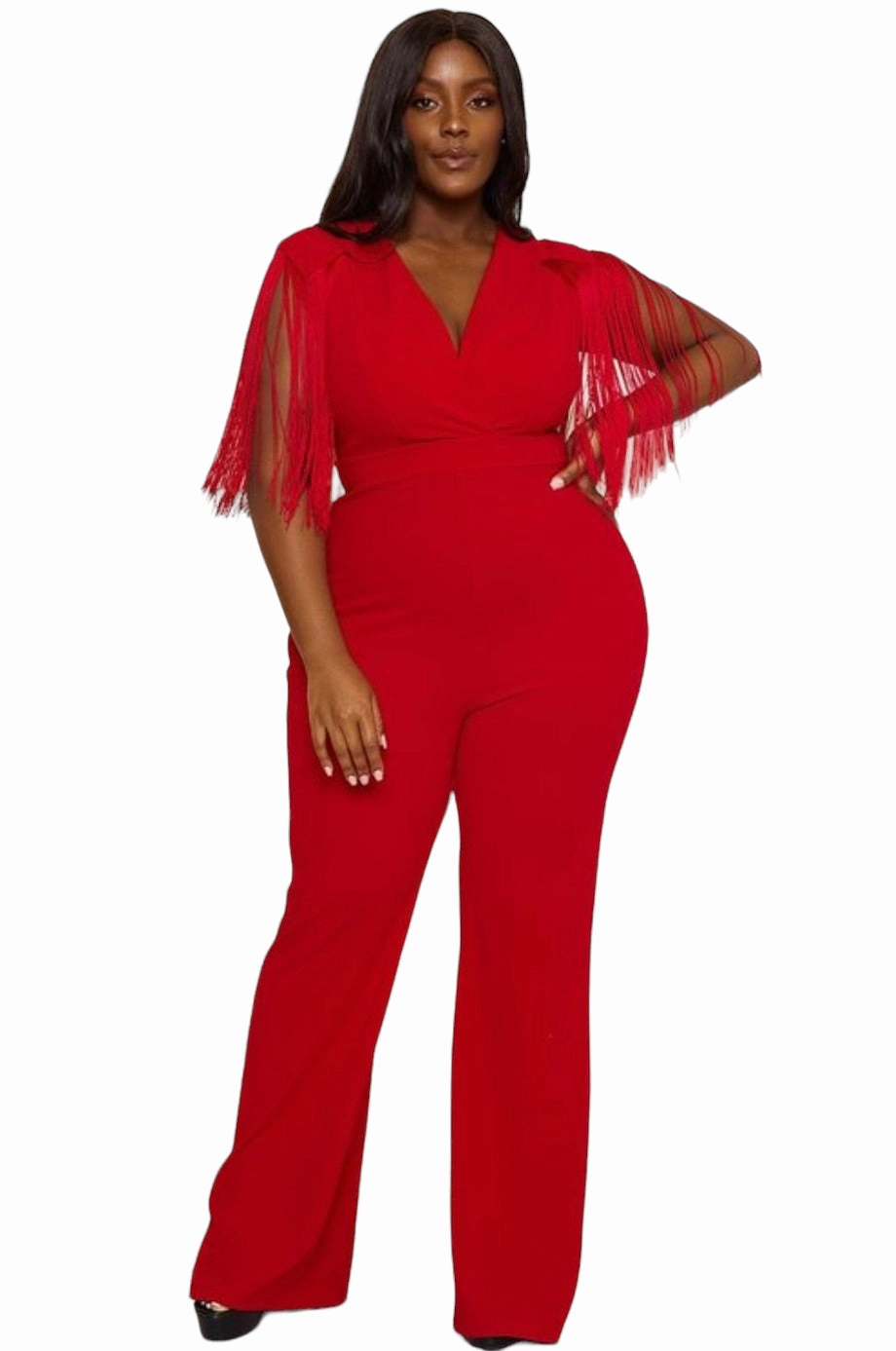 Final Sale Plus Size Fringe Shoulder Faux Wrap Jumpsuit Red Breath Fit