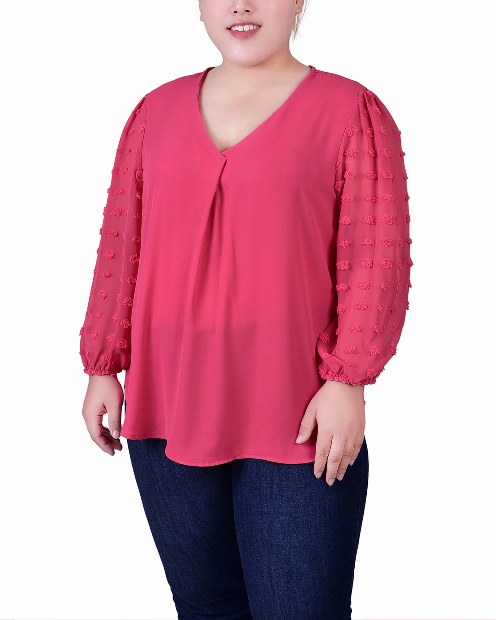 Plus Size V Neck Blouse With 3/4 Jacquard Chiffon Sleeves Ergonomic Pattern Design