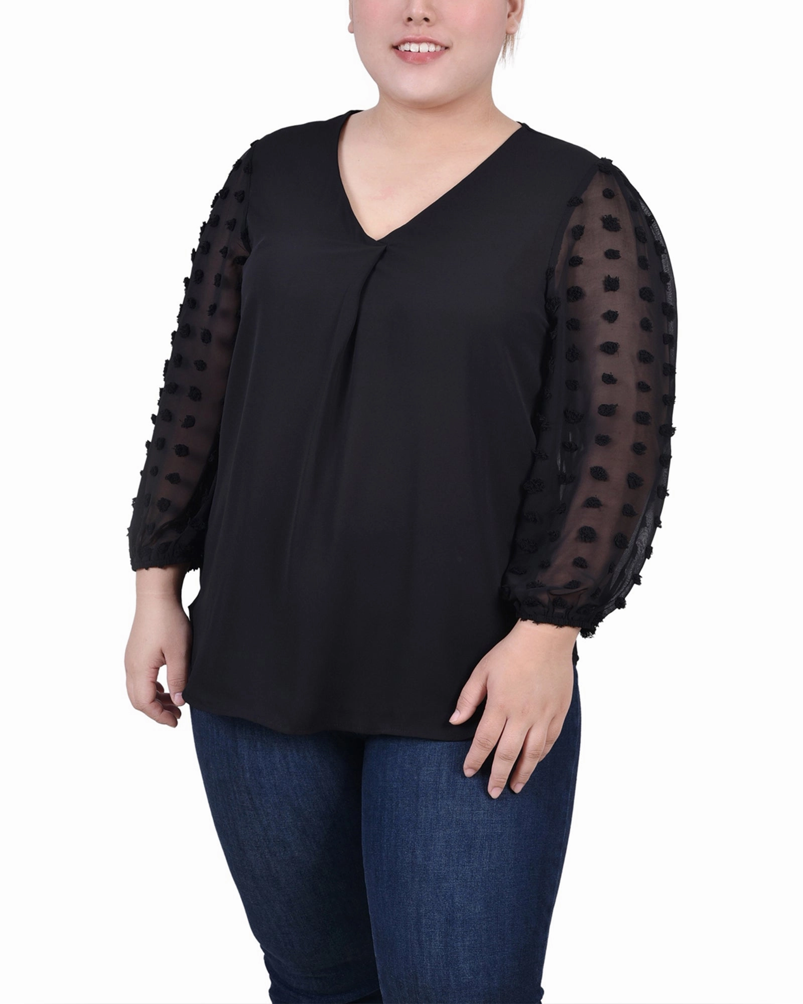 Plus Size V Neck Blouse With 3/4 Jacquard Chiffon Sleeves Quick Dry Tech
