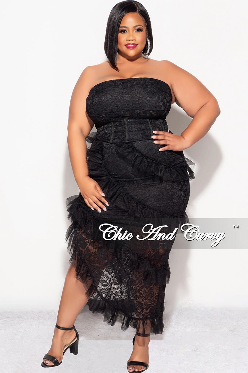 Quick Dry Fit Final Sale Plus 2pc Lace Corset Top & Ruffle Skirt Set in Black