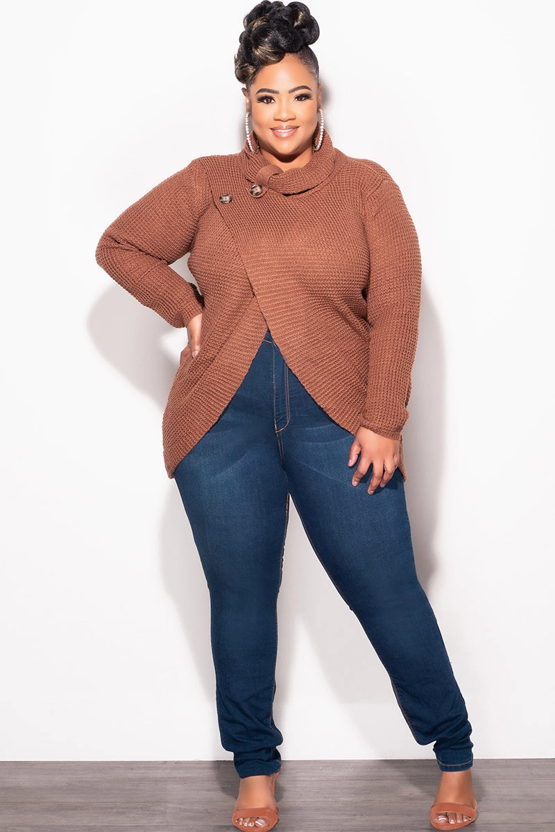 Final Sale Plus Size Overlapping Sweater in Brown Fabulous Flex Wear Design OrganicCottonBlend