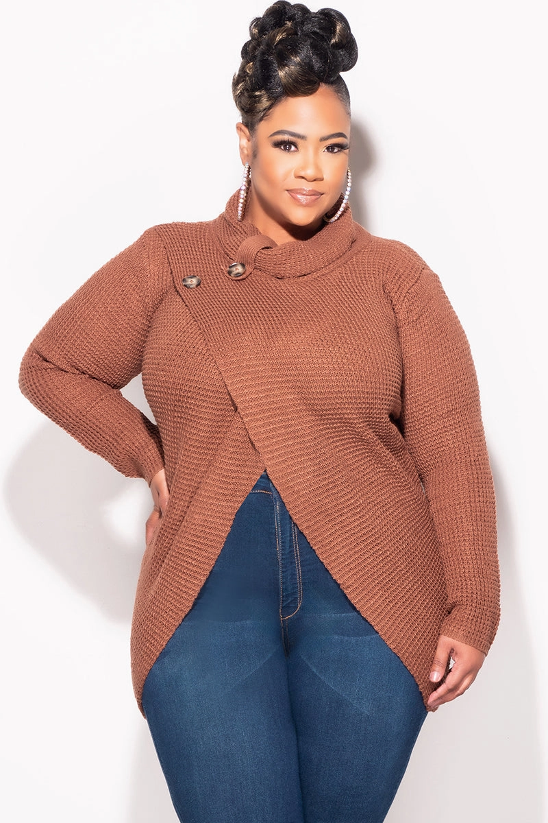 Final Sale Plus Size Overlapping Sweater in Brown Fabulous Stretch Waist Simple Silhouette