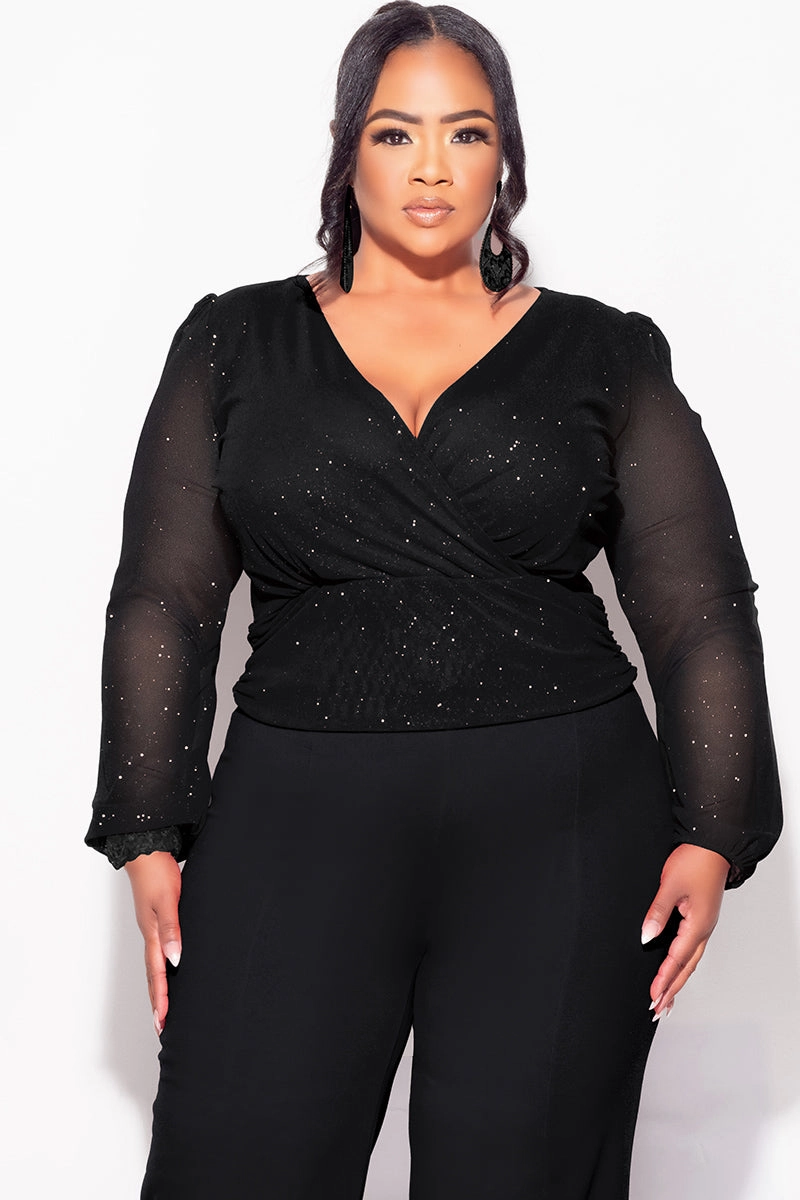 Non Irritating Final Sale Plus Size Sheer Glitter Faux Wrap Top in Black