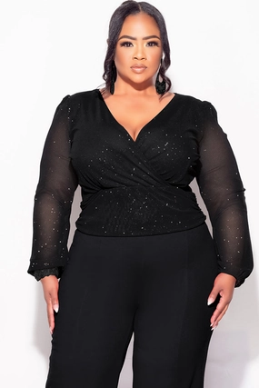 Non Irritating Final Sale Plus Size Sheer Glitter Faux Wrap Top in Black