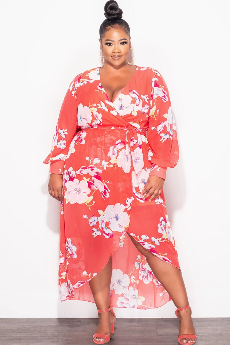 Quick Release Closure Hypoallergenic fabric Final Sale Plus Size Chiffon Faux Wrap Dress in Salmon Floral Print