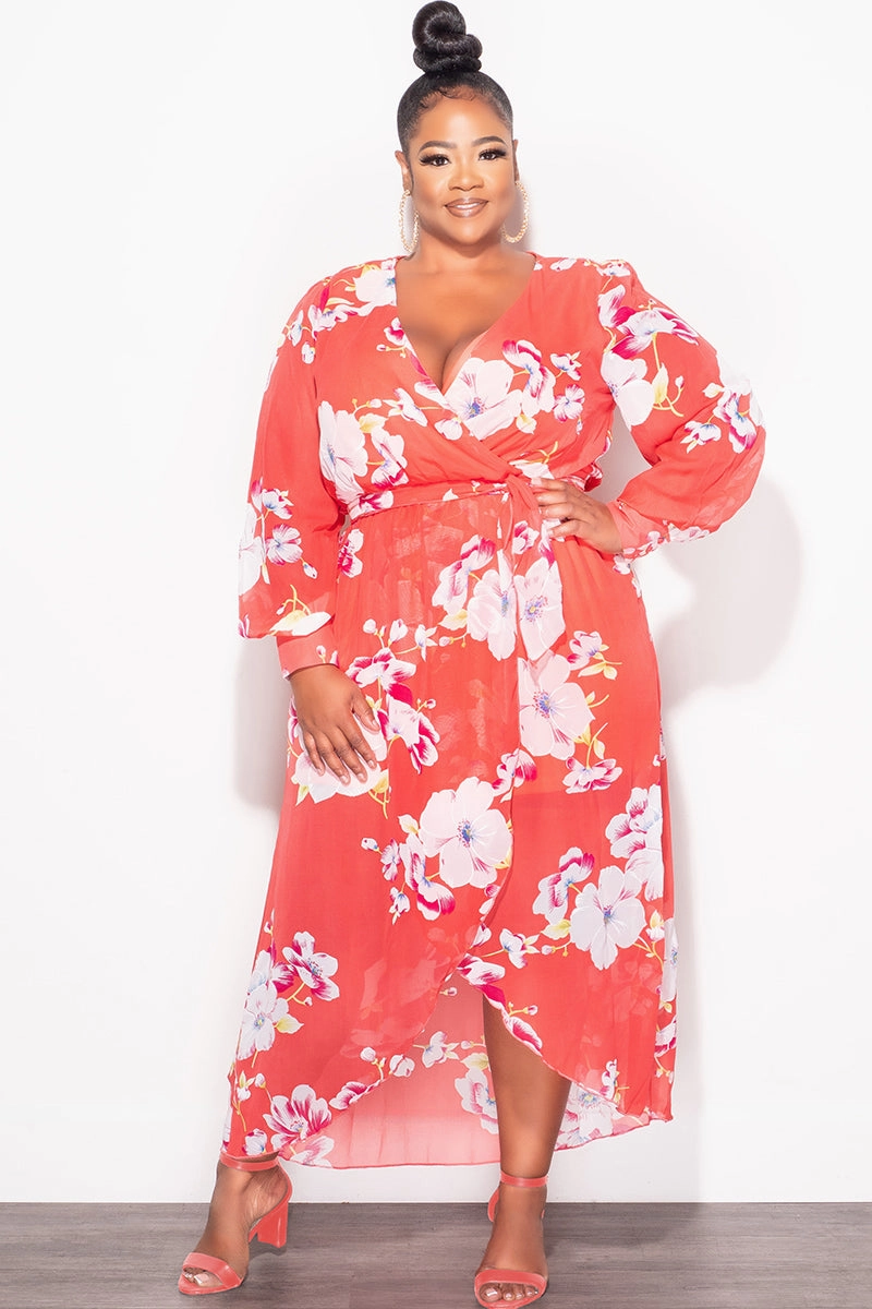 Adjustable Belt Loops Basic Look Final Sale Plus Size Chiffon Faux Wrap Dress in Salmon Floral Print