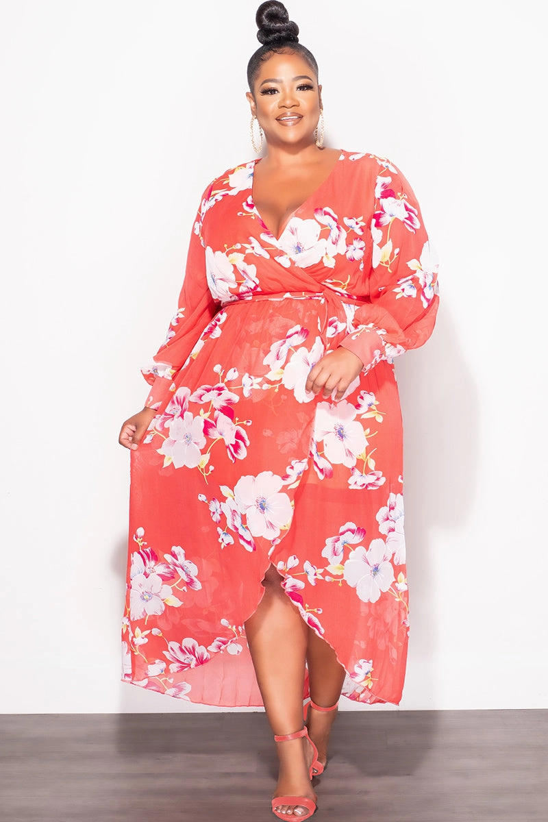 Tangle Free Cuffs Final Sale Plus Size Chiffon Faux Wrap Dress in Salmon Floral Print