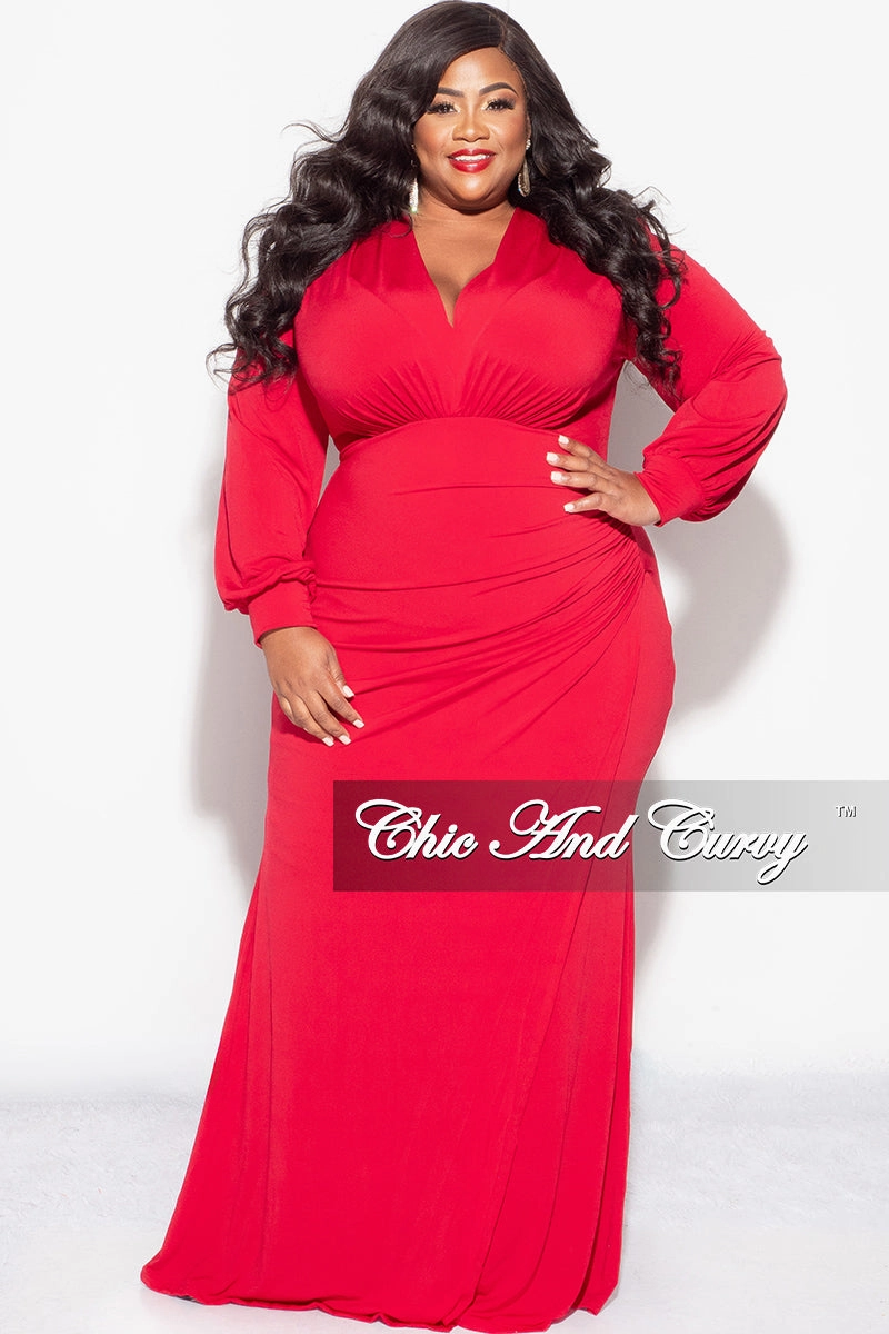 Final Sale Plus Size V-Neck Gown with Ruched Overlay in Red Performance Wear Button front