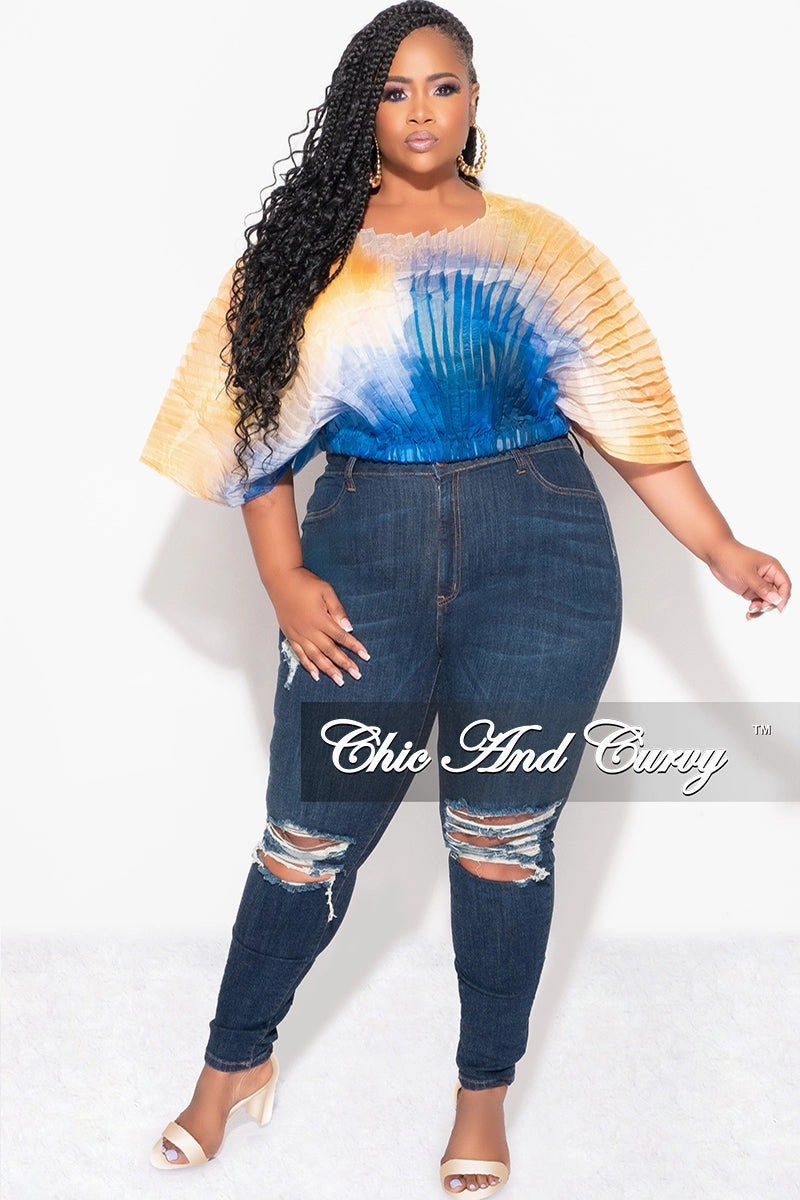 SnagFreeFabric Final Sale Plus Size Sheer Pleated Top in Yellow and Blue