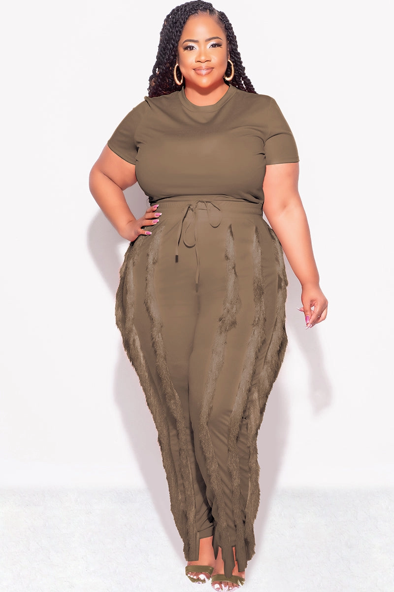 high waisted snag resistant Final Sale Plus Size 2pc Tassel Pant Set in Mocha