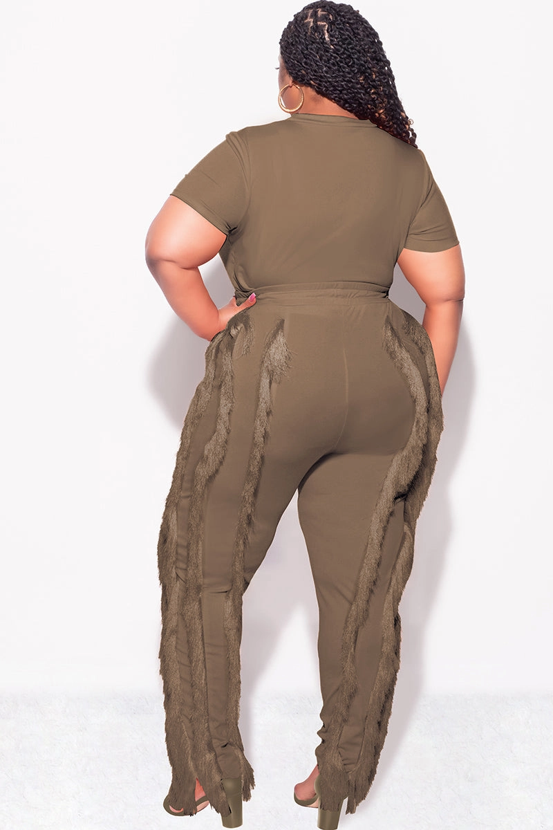 Final Sale Plus Size 2pc Tassel Pant Set in Mocha Adaptable Design No Frills Fit