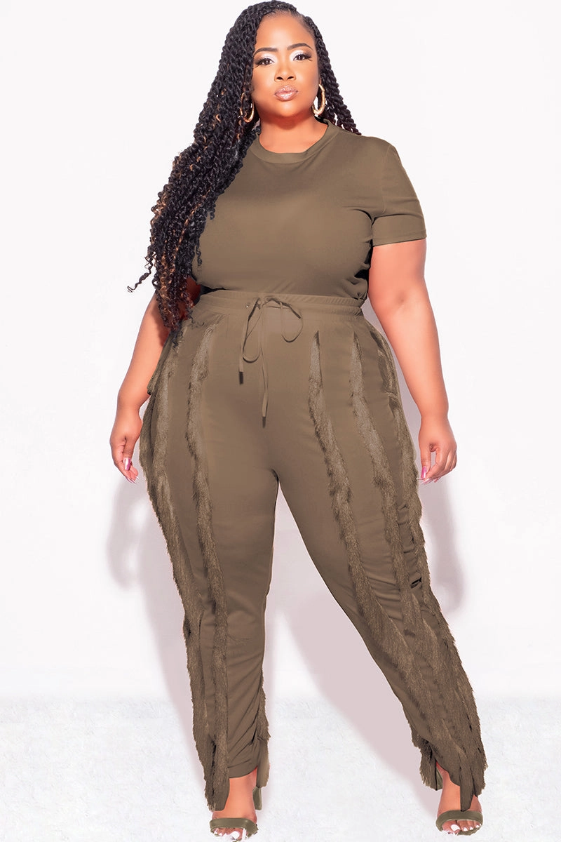 Final Sale Plus Size 2pc Tassel Pant Set in Mocha Vintage Wash