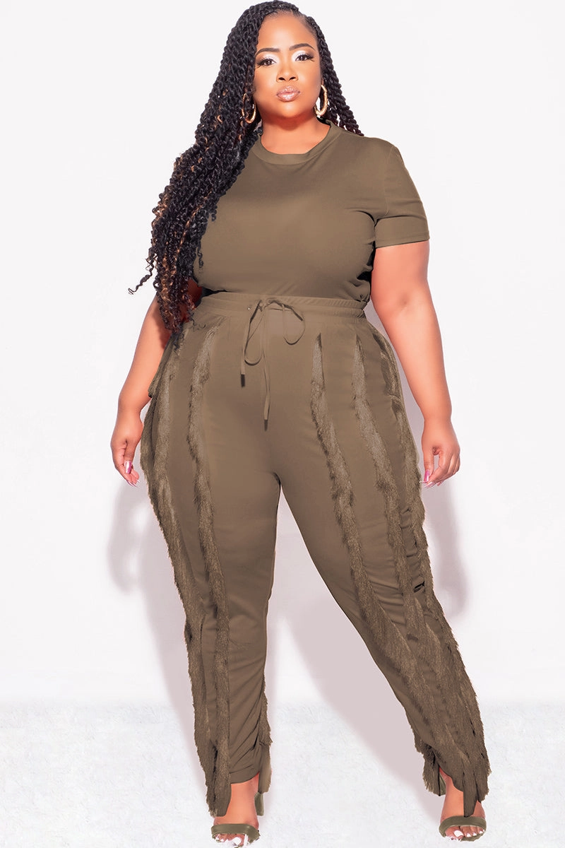 Cozy And Stylish Final Sale Plus Size 2pc Tassel Pant Set in Mocha