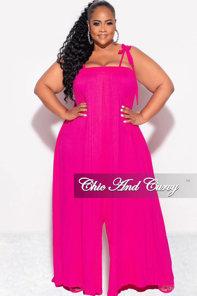 Comfy Waistband Feminine Cut Final Sale Plus Size Oversized Jumpsuit with Self Tie Straps in Fuchsia