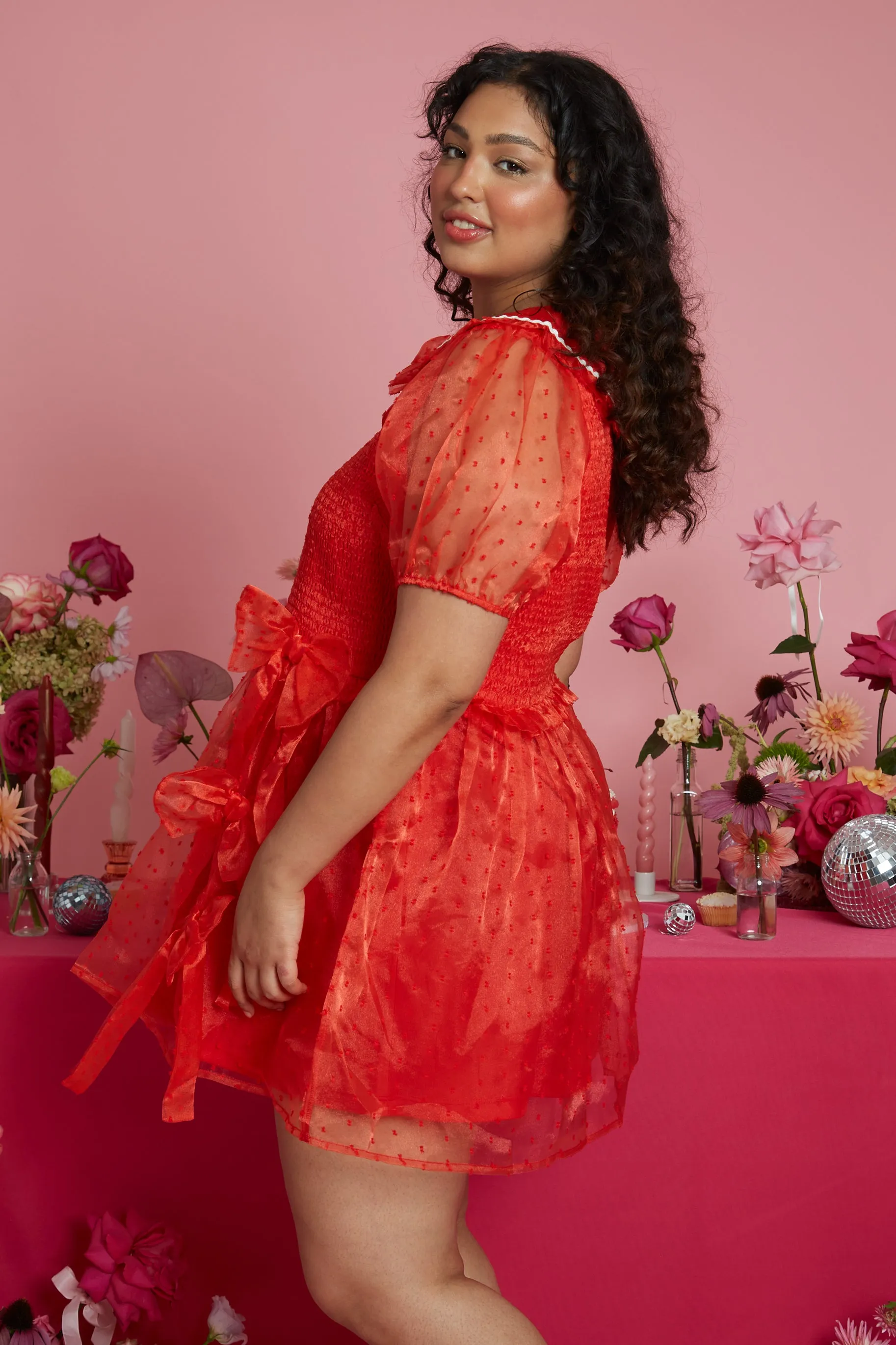 Minnie Shirred Bust Dobby Tulle Mini Dress Red OdorResistantFinish Garment Washed