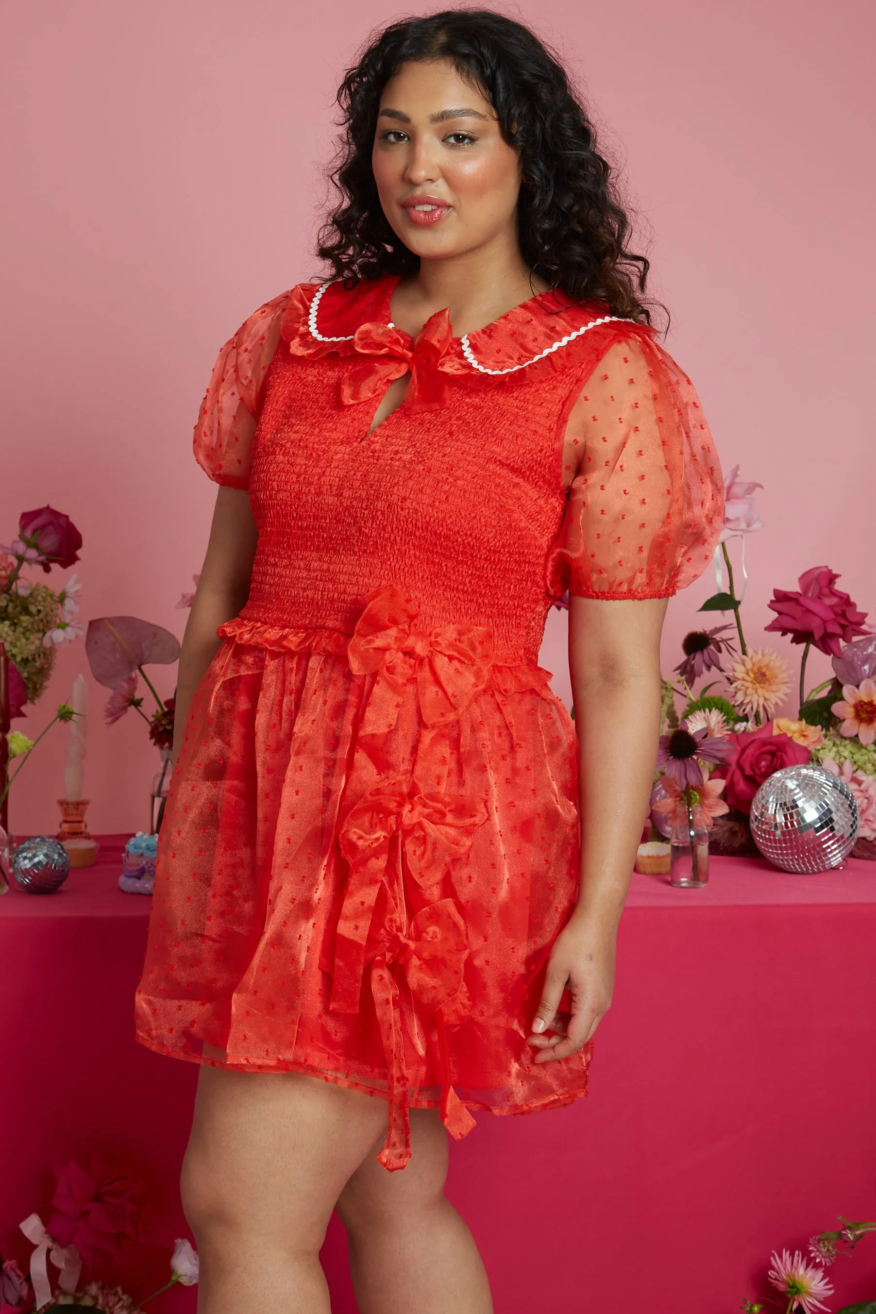 LayeringFriendly Weight ThermalInsulation Minnie Shirred Bust Dobby Tulle Mini Dress Red