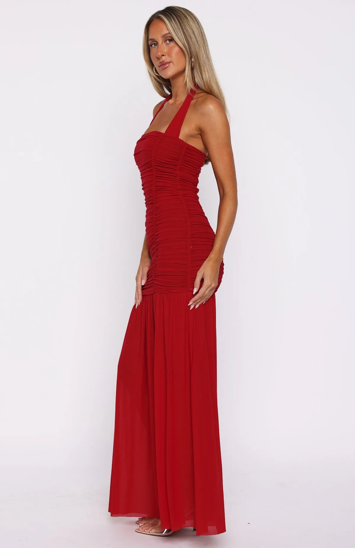 Adjustable Hem Cuff Durable Reinforced Shoulders Unbothered Always Halter Maxi Dress Deep Red