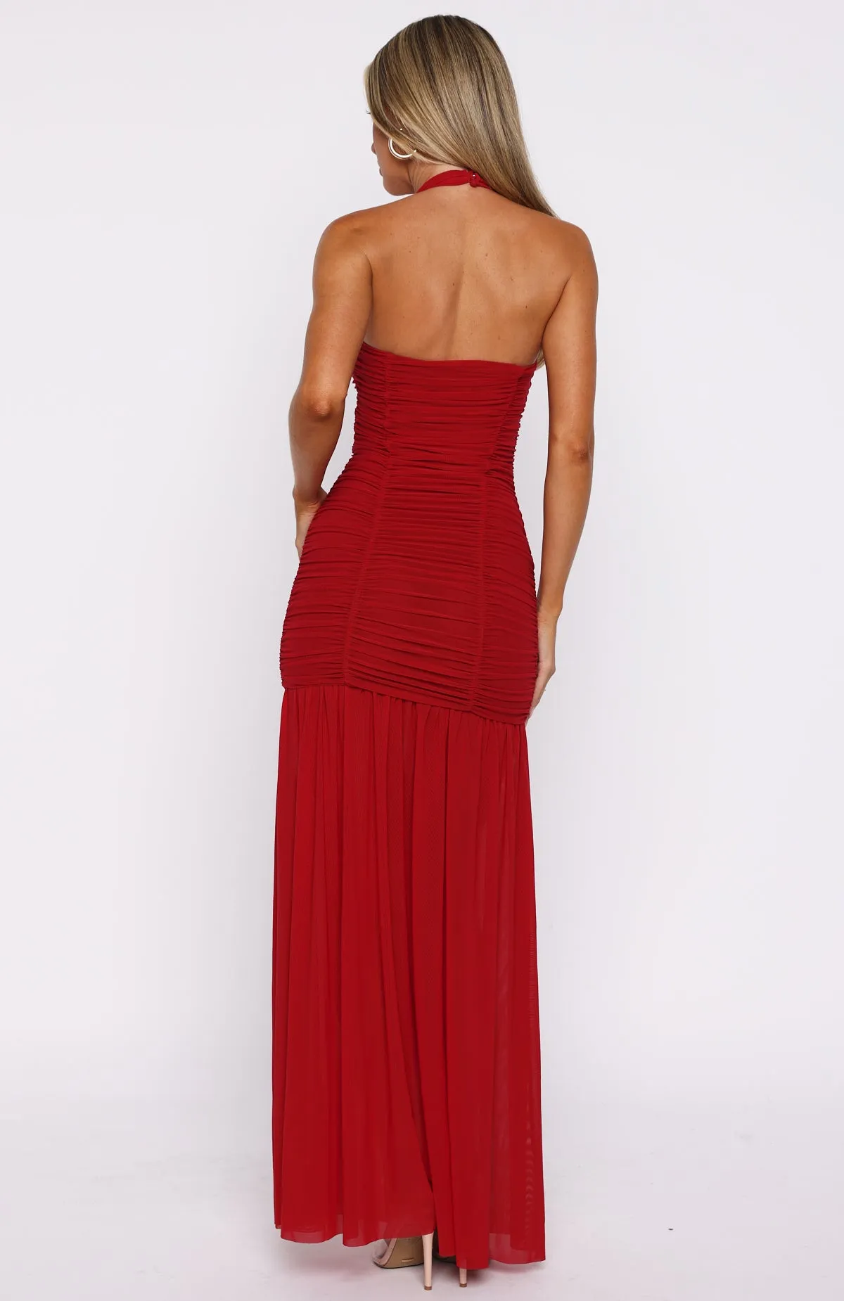 Unbothered Always Halter Maxi Dress Deep Red FrictionResistant Trim