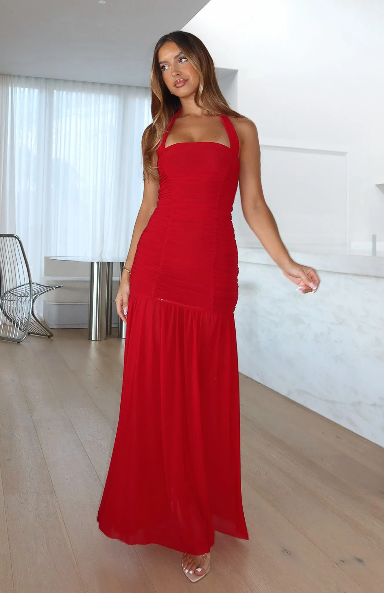Unbothered Always Halter Maxi Dress Deep Red WindproofBarrierTechnology