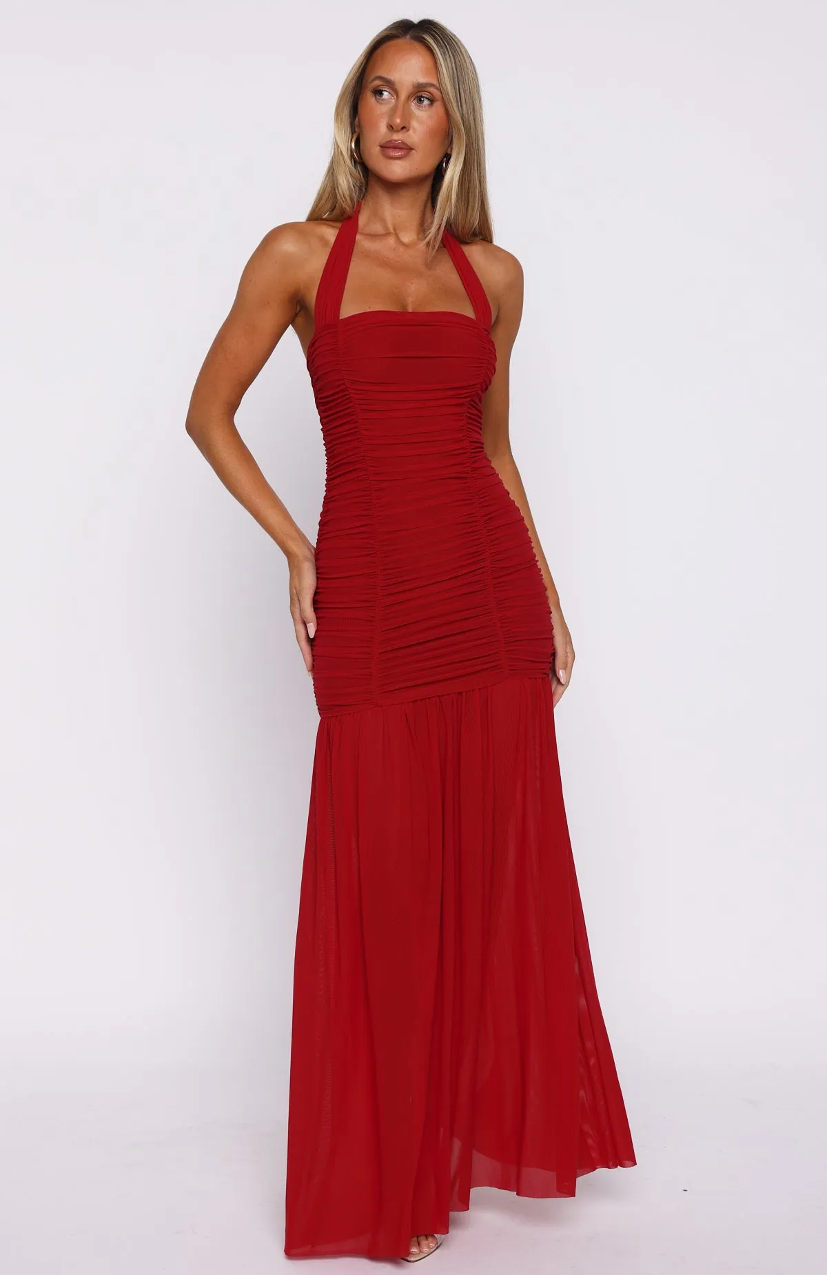 Unbothered Always Halter Maxi Dress Deep Red FoamReinforcedCollar