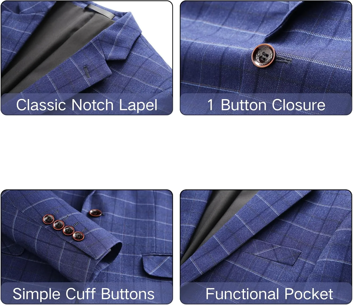 UNINUKOO Men's Suit Plaid 3 Piece Slim Fit Tuxedo Checked Business Formal Black Blue Suits for Men