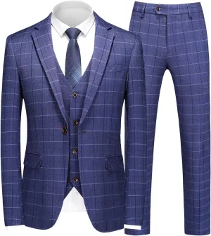 UNINUKOO Men's Suit Plaid 3 Piece Slim Fit Tuxedo Checked Business Formal Black Blue Suits for Men