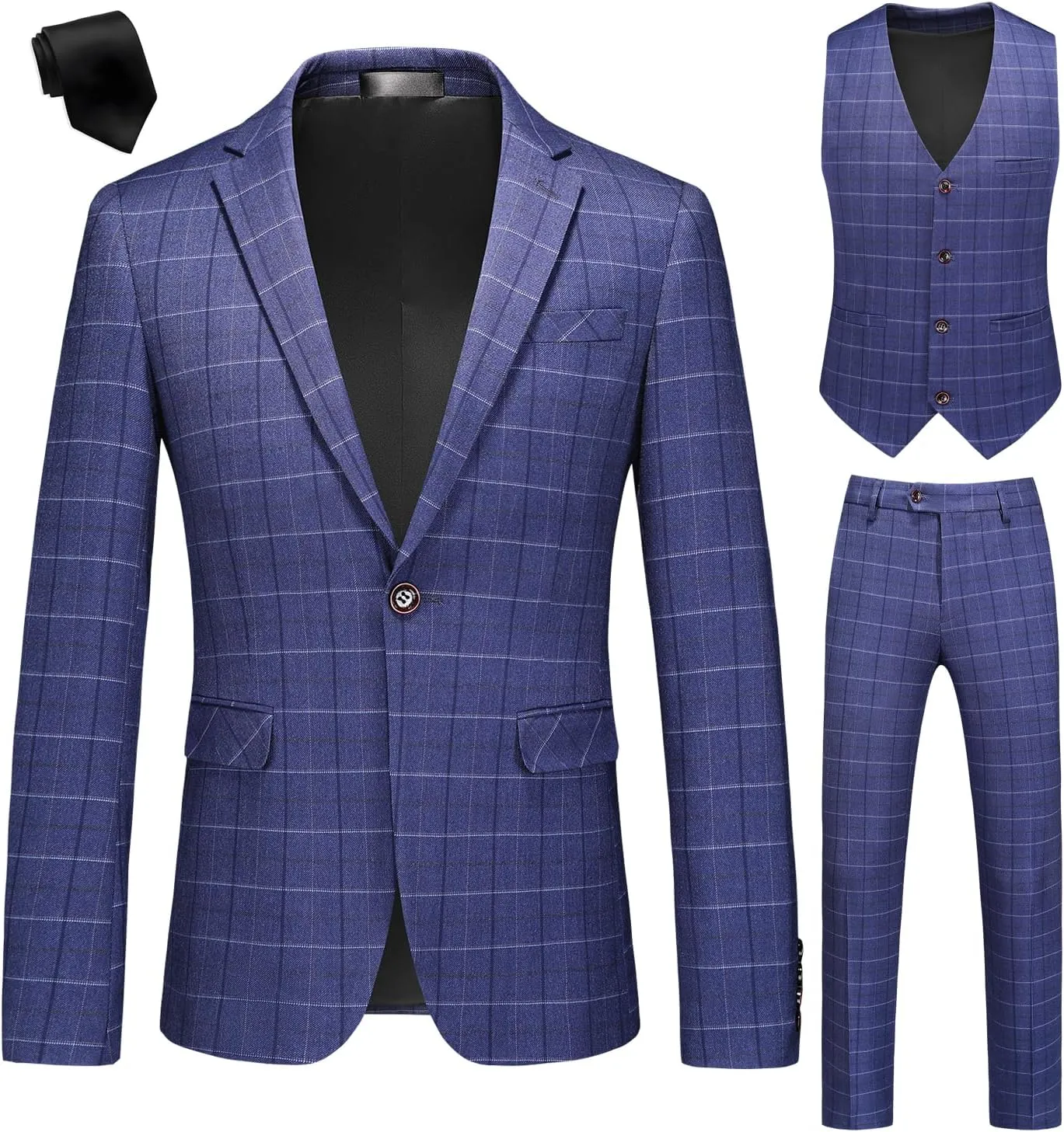 UNINUKOO Men's Suit Plaid 3 Piece Slim Fit Tuxedo Checked Business Formal Black Blue Suits for Men