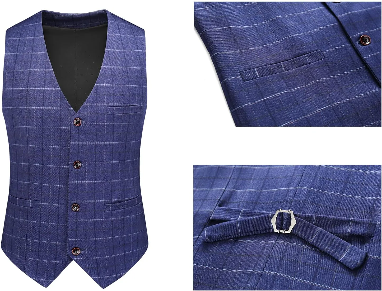 UNINUKOO Men's Suit Plaid 3 Piece Slim Fit Tuxedo Checked Business Formal Black Blue Suits for Men