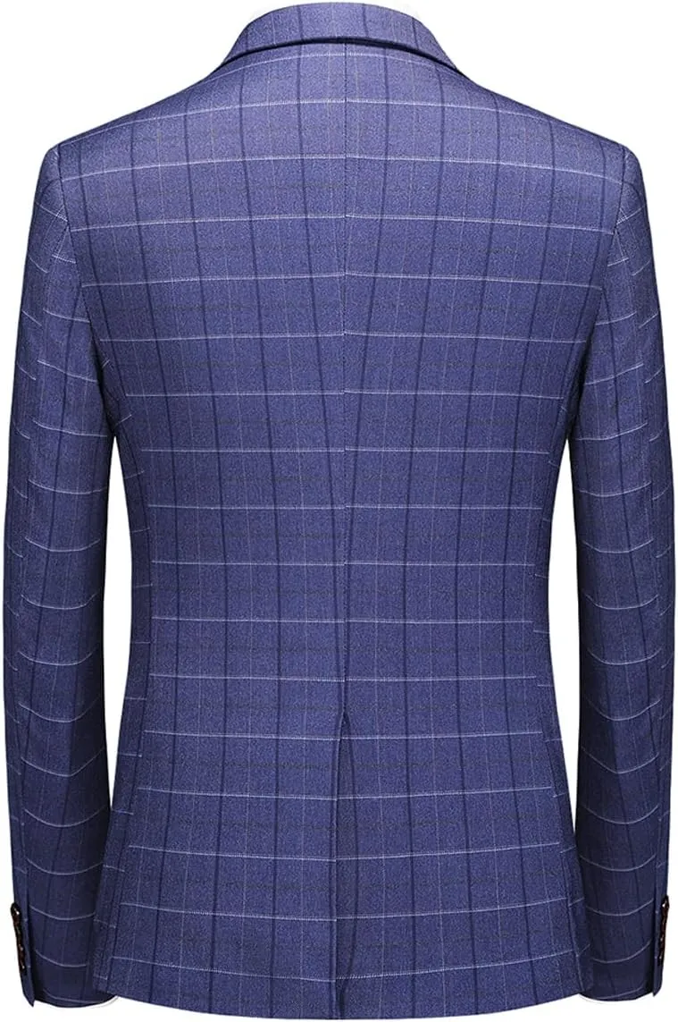 UNINUKOO Men's Suit Plaid 3 Piece Slim Fit Tuxedo Checked Business Formal Black Blue Suits for Men