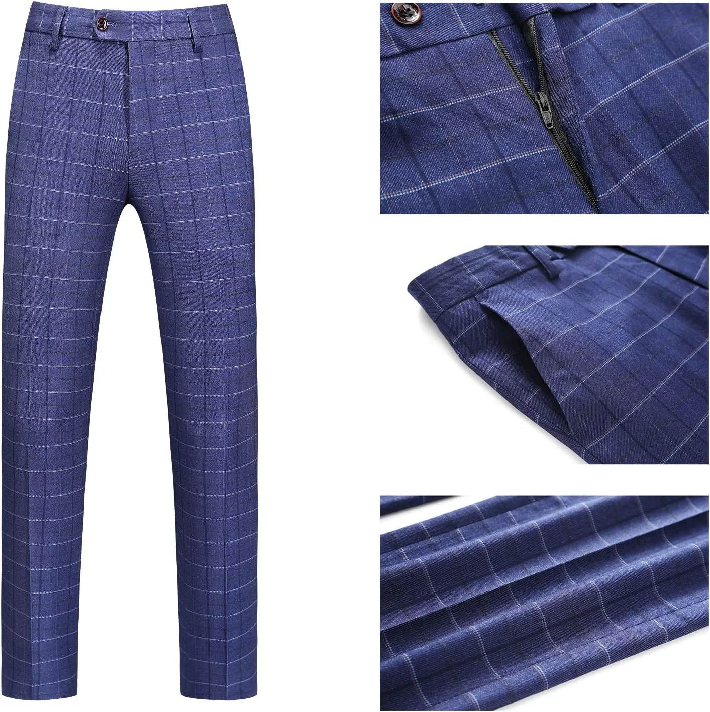 UNINUKOO Men's Suit Plaid 3 Piece Slim Fit Tuxedo Checked Business Formal Black Blue Suits for Men
