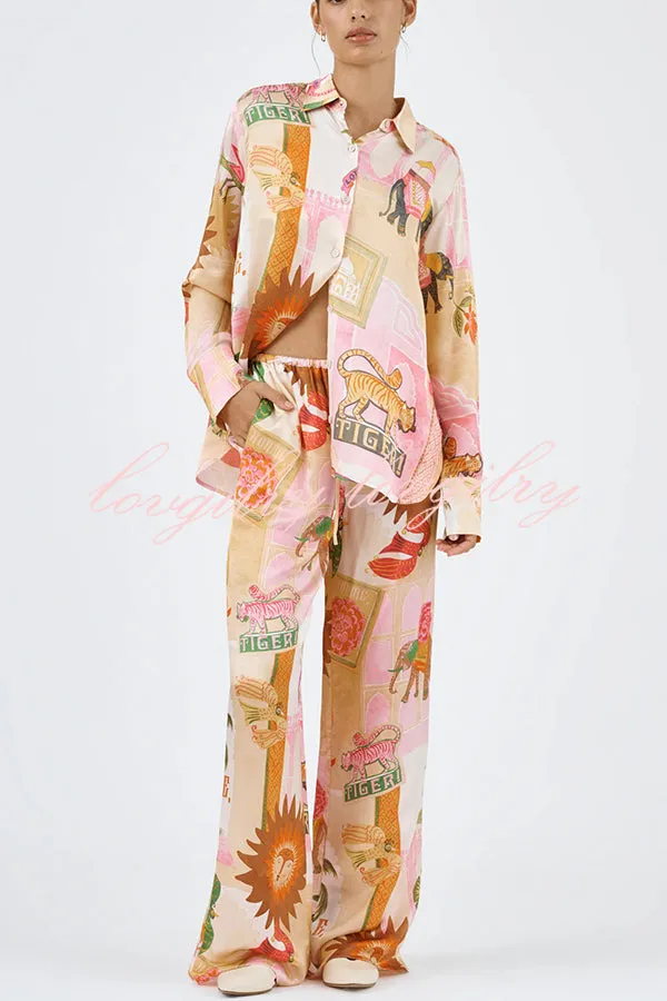 Unique Printed Casual Long Sleeved Shirt Top and Elastic Waist Loose Pants Sets