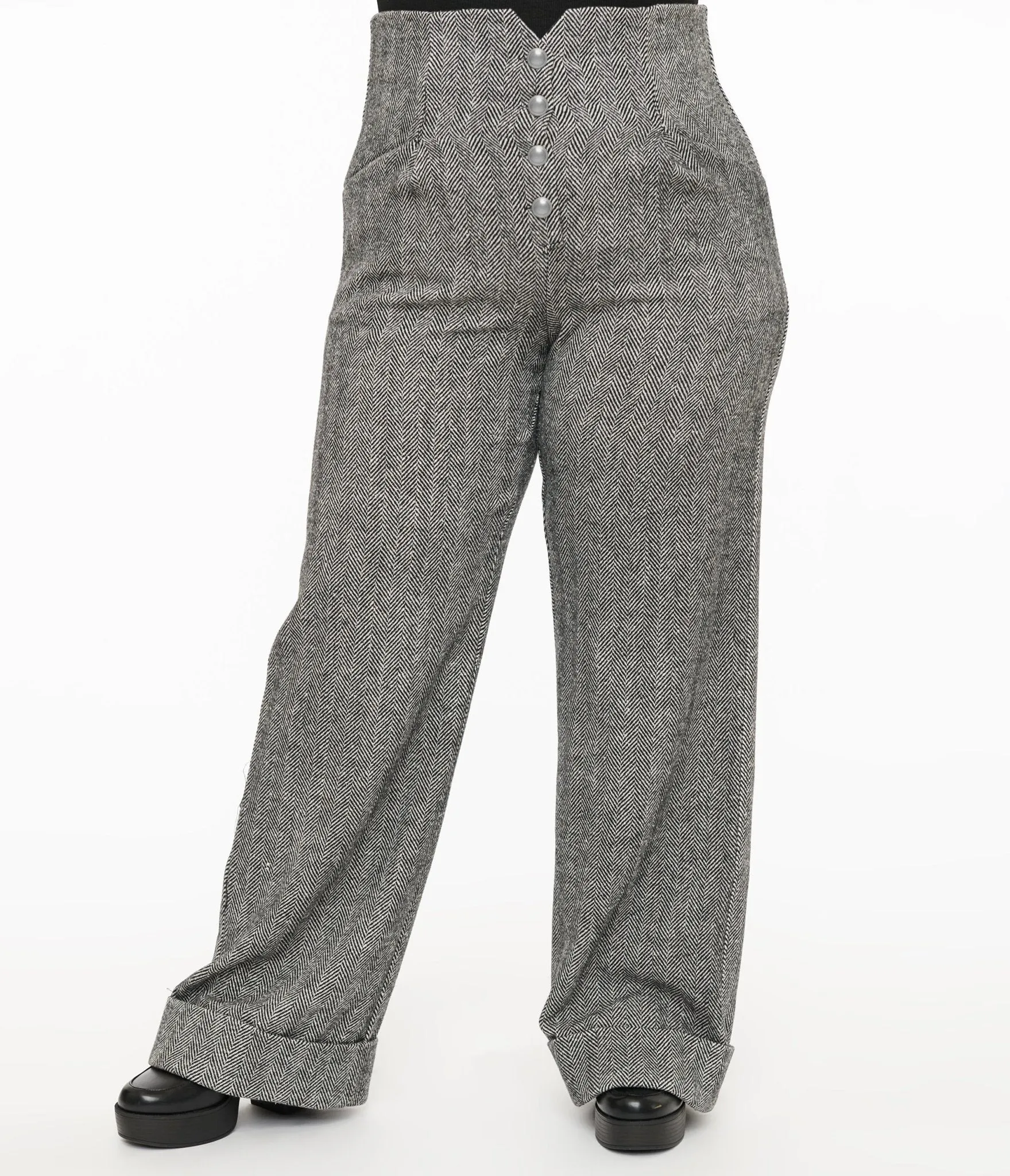 Unique Vintage Plus Size 1940s Grey Herringbone Buttoned Wide Leg Trousers